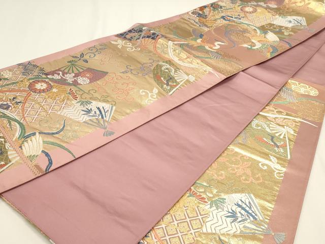 平和屋本店▼六通柄袋帯 扇面飛鶴花文 本金箔 正絹 逸品 DABJ6329sf