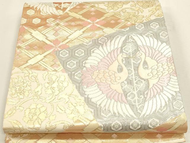 平和屋本店▼六通柄袋帯 裂取向い鶴 プラチナ箔 24K本金箔 正絹 逸品 DABJ6345sf