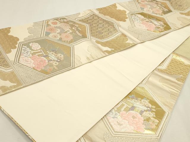平和屋本店▼六通柄袋帯 御所車花文 本金箔二重織 正絹 逸品 DABJ6331sf