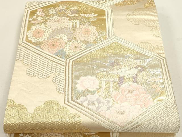 平和屋本店▼六通柄袋帯 御所車花文 本金箔二重織 正絹 逸品 DABJ6331sf