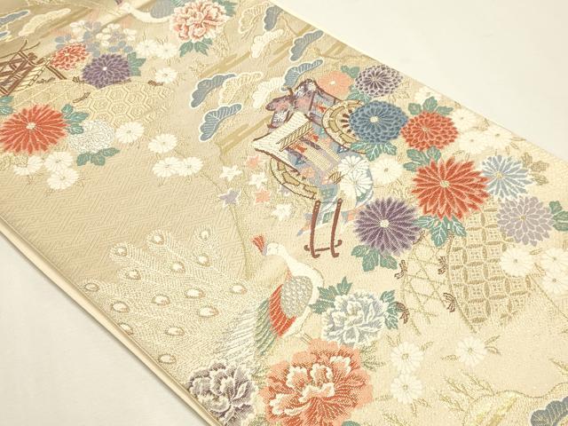 平和屋本店▼六通柄袋帯 唐織 山菊孔雀文 24k本金箔 正絹 逸品 DABJ6357sf