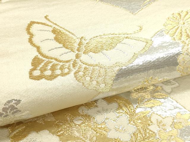 平和屋本店▼六通柄袋帯 地紙花蝶文 プラチナ24k織 正絹 逸品 DABJ6377sf
