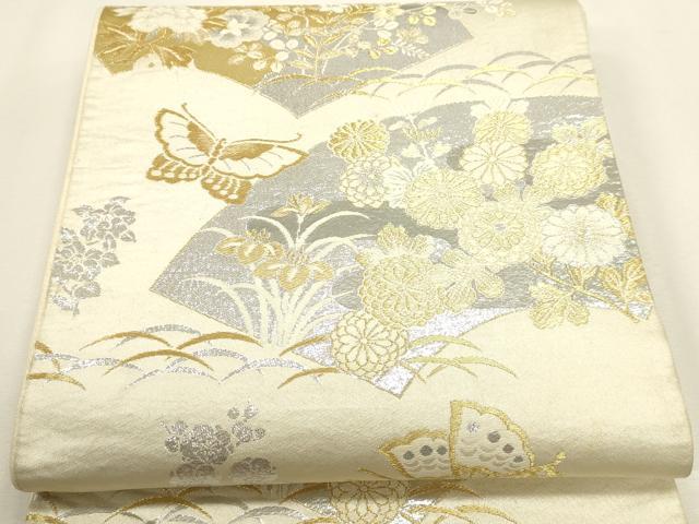 平和屋本店▼六通柄袋帯 地紙花蝶文 プラチナ24k織 正絹 逸品 DABJ6377sf