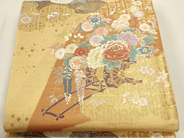 平和屋本店▼六通柄袋帯 唐織 飛鶴花車文 純金箔二重織 正絹 逸品 DABJ6409sf