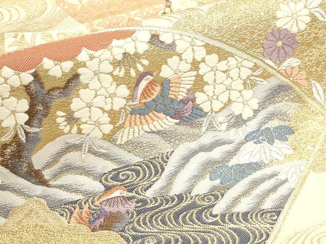 平和屋本店▼六通柄袋帯 唐織 雲取扇面双鶴図 純金箔 正絹 逸品 DABJ6395sf