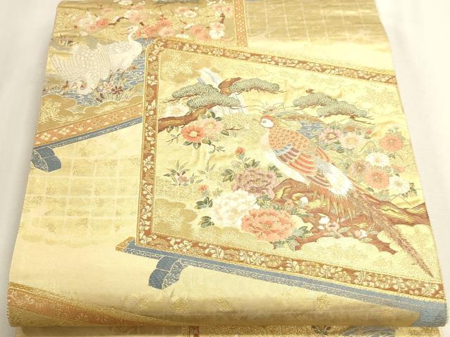 平和屋本店▼六通柄袋帯 四季花鳥図屏風 本金箔 正絹 逸品 DABJ6397sf