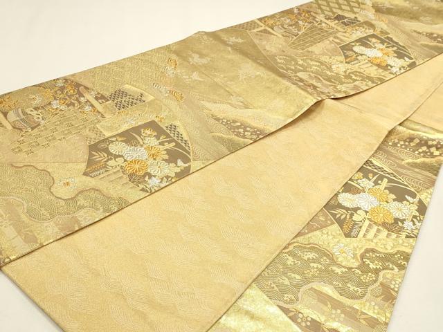 平和屋本店▼六通柄袋帯 扇取花梅絵巻 本金箔 正絹 逸品 DABJ6426sf