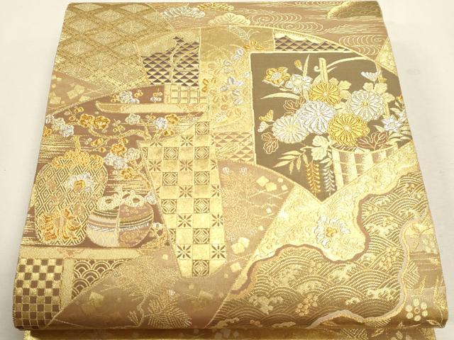平和屋本店▼六通柄袋帯 扇取花梅絵巻 本金箔 正絹 逸品 DABJ6426sf