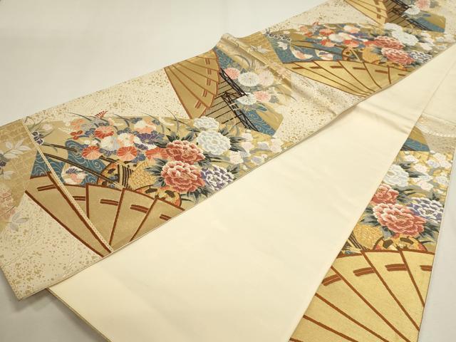 平和屋本店▼六通柄袋帯 唐織 桧扇花車文 24金箔使用 正絹 逸品 DABJ6440sf