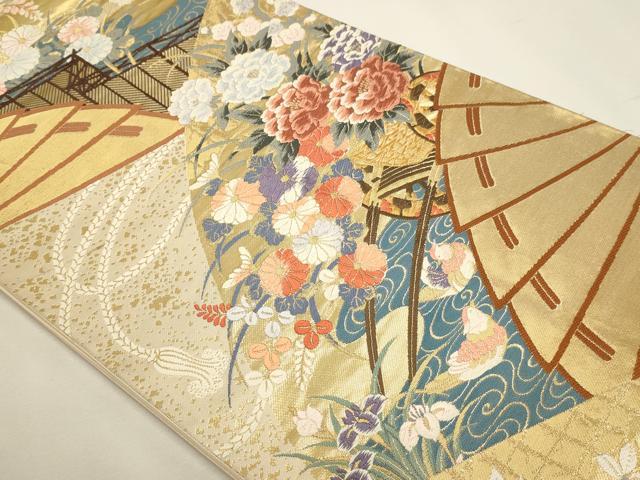 平和屋本店▼六通柄袋帯 唐織 桧扇花車文 24金箔使用 正絹 逸品 DABJ6440sf