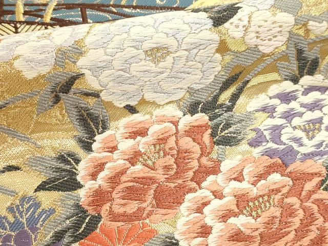 平和屋本店▼六通柄袋帯 唐織 桧扇花車文 24金箔使用 正絹 逸品 DABJ6440sf