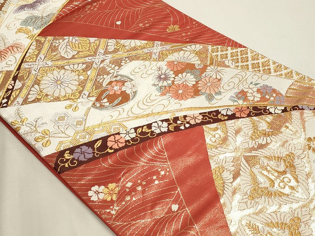 平和屋本店▼六通柄袋帯 唐織 双鶴花文 本金箔二重織 正絹 逸品 DABJ6400sf