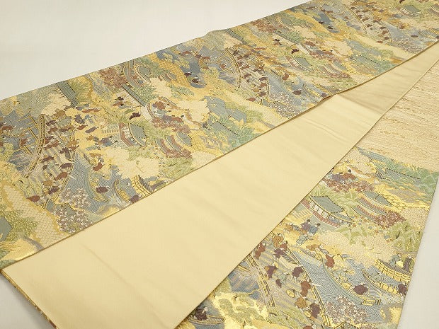 平和屋本店▼六通柄袋帯 人物風景文 本金二重箔 正絹 逸品 DABJ6438sf