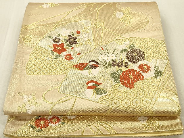 平和屋本店▼六通柄袋帯 唐織 鴛鴦檜扇花文 純金箔24K 正絹 逸品 DABK2246op