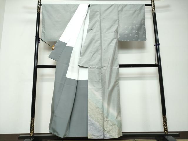 平和屋着物●本場縞大島紬 訪問着 更紗洋花文 暈し染め 反端付き 正絹 逸品 DABK0185ud