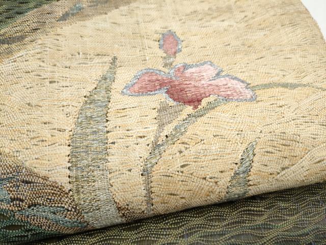 平和屋着物▽太鼓柄袋帯 スリーシーズン 春夏秋 すくい織 草花文 金糸 正絹 逸品 CABM6212hy