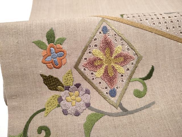 平和屋着物●中国三大刺繍 スワトウ相良刺繍 総刺繍 太鼓柄袋帯 紬地 枝花文 正絹 逸品 CABM6233hy