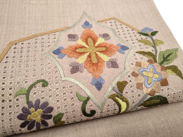 平和屋着物●中国三大刺繍 スワトウ相良刺繍 総刺繍 太鼓柄袋帯 紬地 枝花文 正絹 逸品 CABM6233hy