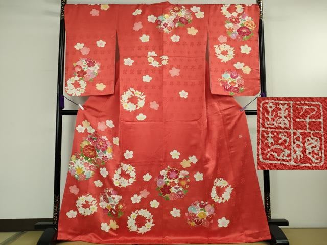 平和屋本店●極上 創業460年・千總 訪問着 駒刺繍 花丸文 紅緋色地 金彩 伊勢丹扱い 逸品 DZAB5929kh6