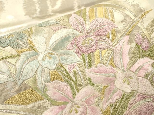 平和屋着物▼中国三大刺繍 相良刺繍 総刺繍 太鼓柄袋帯 草花 金銀糸 正絹 逸品 DABJ7176fe