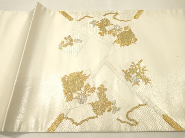 平和屋着物▼中国三大刺繍 蘇州刺繍 総刺繍 太鼓柄袋帯 雪英導 色紙重ね花文 金銀糸 正絹 逸品 未使用 DABJ7197fe