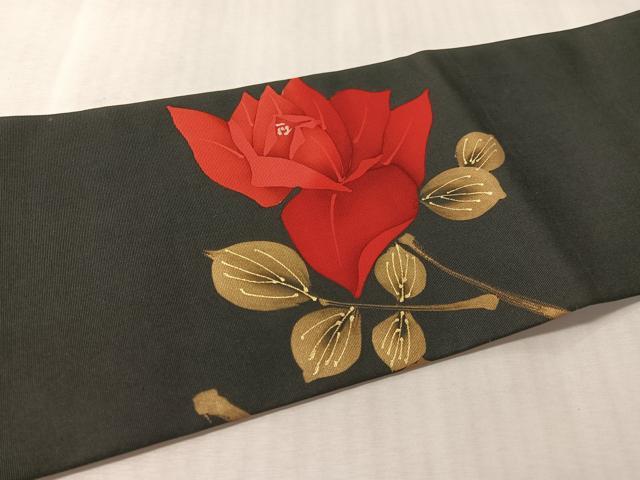 平和屋着物●塩瀬 九寸名古屋帯 ろうけつ染 草花文 黒地 金彩 正絹 逸品 未使用 CABM3156vp