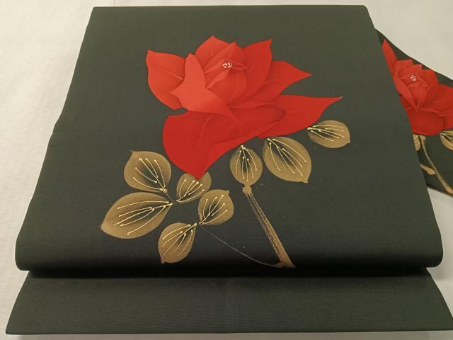 平和屋着物●塩瀬 九寸名古屋帯 ろうけつ染 草花文 黒地 金彩 正絹 逸品 未使用 CABM3156vp