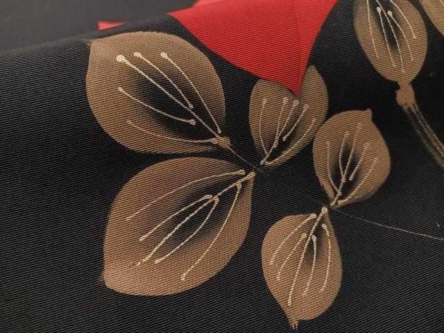 平和屋着物●塩瀬 九寸名古屋帯 ろうけつ染 草花文 黒地 金彩 正絹 逸品 未使用 CABM3156vp