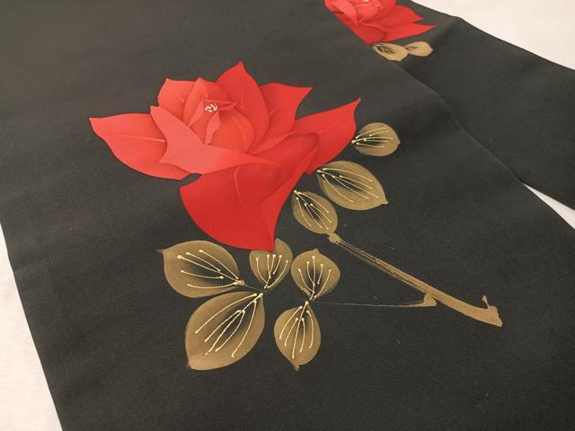 平和屋着物●塩瀬 九寸名古屋帯 ろうけつ染 草花文 黒地 金彩 正絹 逸品 未使用 CABM3156vp