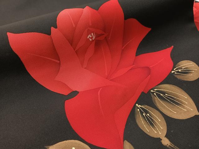 平和屋着物●塩瀬 九寸名古屋帯 ろうけつ染 草花文 黒地 金彩 正絹 逸品 未使用 CABM3156vp