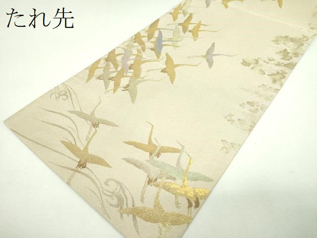 平和屋着物▼全景全通柄袋帯 群れ鶴 立波梅文 金糸 正絹 逸品 DABJ8316ps