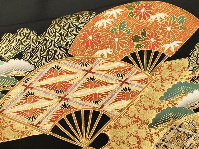 平和屋着物■豪華黒留袖 駒刺繍 松竹梅扇面双鶴花文 金彩 正絹 逸品 CABM1762ev