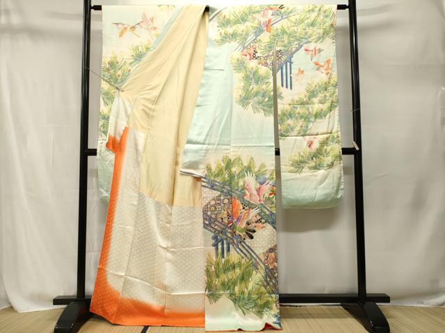平和屋着物■豪華振袖 刺繍 渡り橋雀吉祥松葉文 暈し染め 金銀彩 正絹 逸品 CABM1784ev