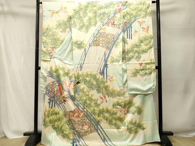 平和屋着物■豪華振袖 刺繍 渡り橋雀吉祥松葉文 暈し染め 金銀彩 正絹 逸品 CABM1784ev
