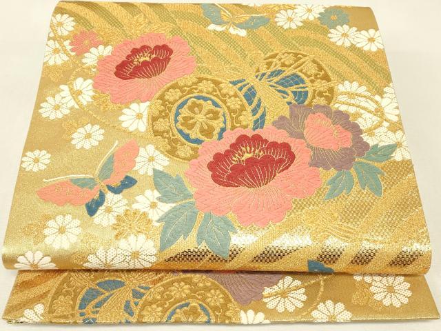 平和屋着物▼六通柄袋帯 鼓花蝶文 金糸 正絹 逸品 DABJ1961az