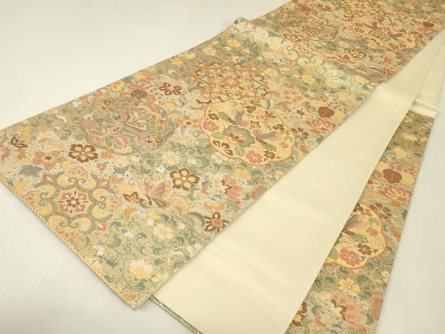平和屋着物▼六通柄袋帯 古代彫金紋 正倉院向かい鳥花文 正絹 逸品 DABJ1997az