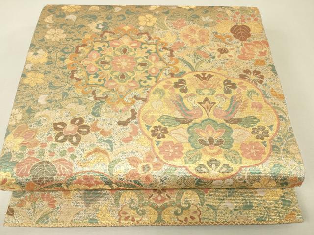 平和屋着物▼六通柄袋帯 古代彫金紋 正倉院向かい鳥花文 正絹 逸品 DABJ1997az