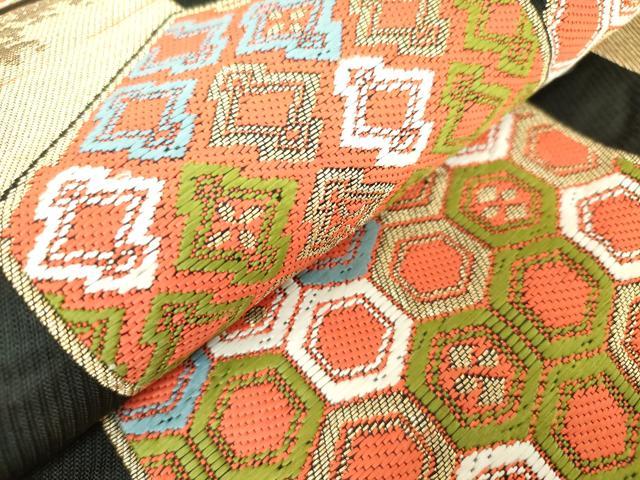 平和屋着物◎六通柄 京本袋帯 吉祥文 黒地 金糸 正絹 逸品 DABJ3460ea