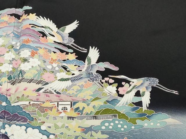 平和屋着物●豪華黒留袖 友禅 作家物 越前海峡 飛鶴草花文 暈し染め 正絹 逸品 DABK0497ud