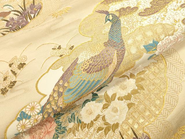平和屋本店▼六通柄袋帯 唐織 雲取孔雀文 本金箔 正絹 逸品 DABK2640op