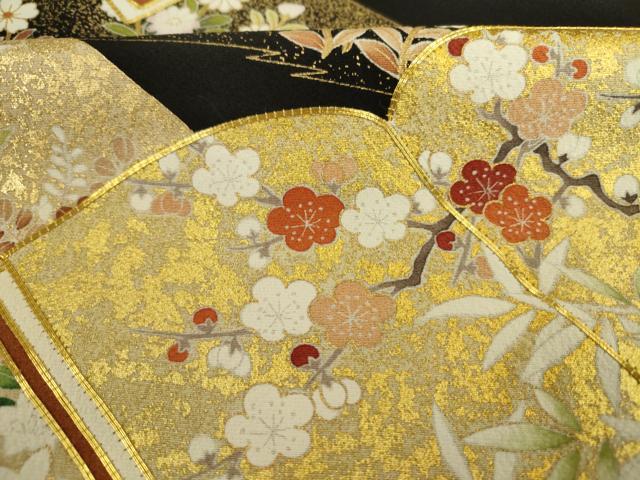 平和屋着物■豪華黒留袖 駒刺繍 冊子花松文 枝梅 金彩 ロング丈 正絹 逸品 DABK6549ya