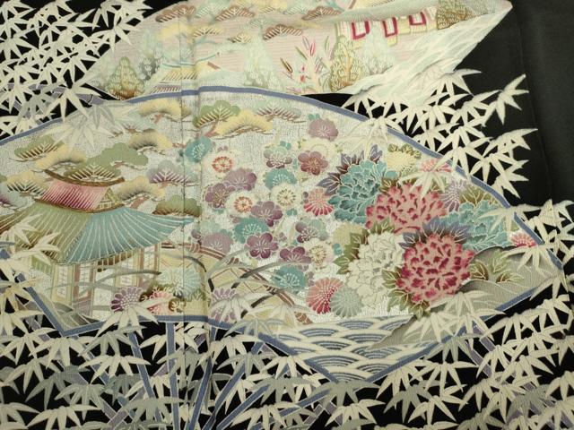 平和屋着物■豪華黒留袖 駒刺繍 風景扇面花松文 金銀彩 正絹 逸品 DABK6547ya
