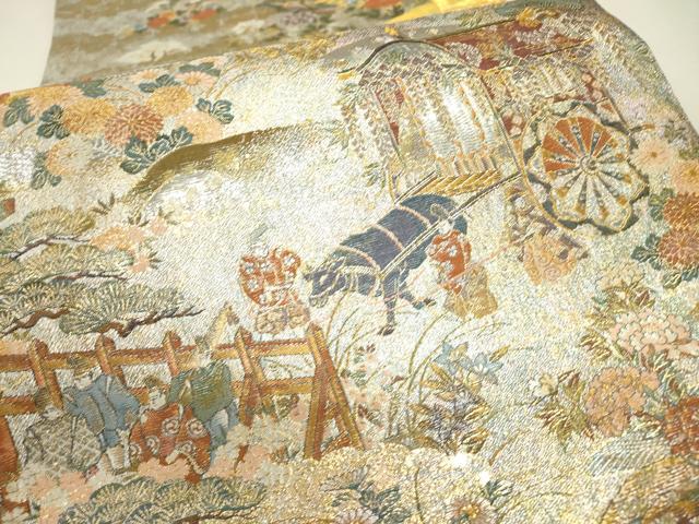 平和屋本店▼極上 西陣あさぎ 丸帯 平安雅祭礼図 純金箔プラチナ 分析通知書付き 正絹 逸品 DABJ7492fe