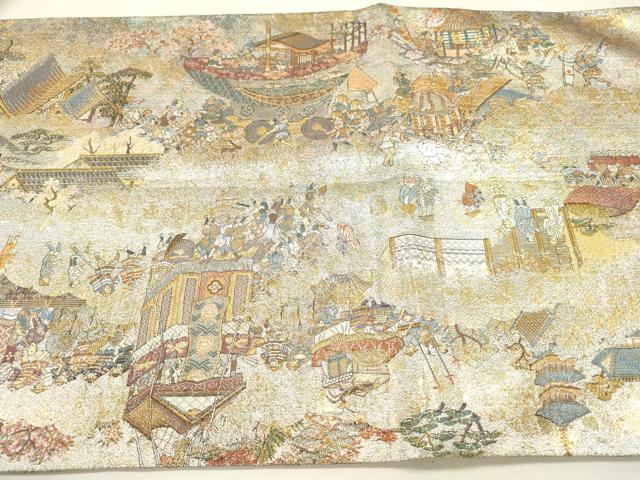 平和屋本店▼極上 西陣あさぎ 丸帯 平安雅祭礼図 純金箔プラチナ 分析通知書付き 正絹 逸品 DABJ7492fe