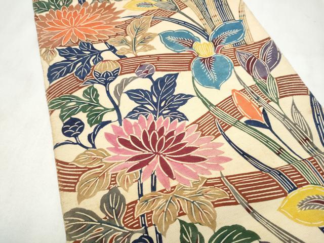 平和屋着物●両面 全通柄 本袋帯 型染め 草花文 正絹 逸品 CABM9854hy