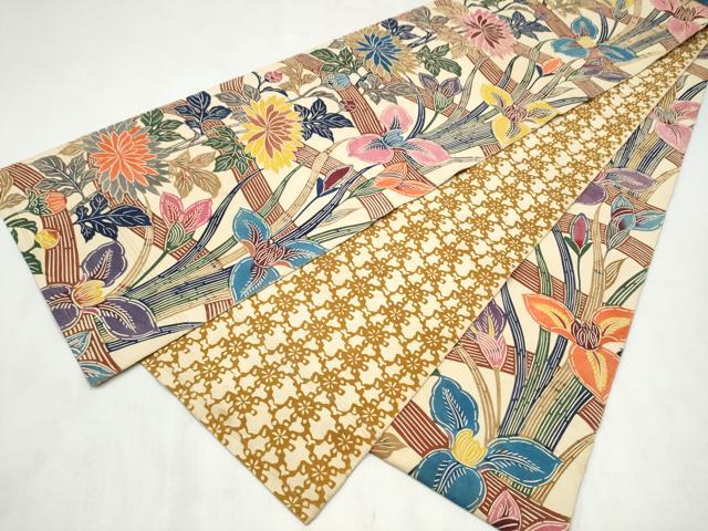 平和屋着物●両面 全通柄 本袋帯 型染め 草花文 正絹 逸品 CABM9854hy