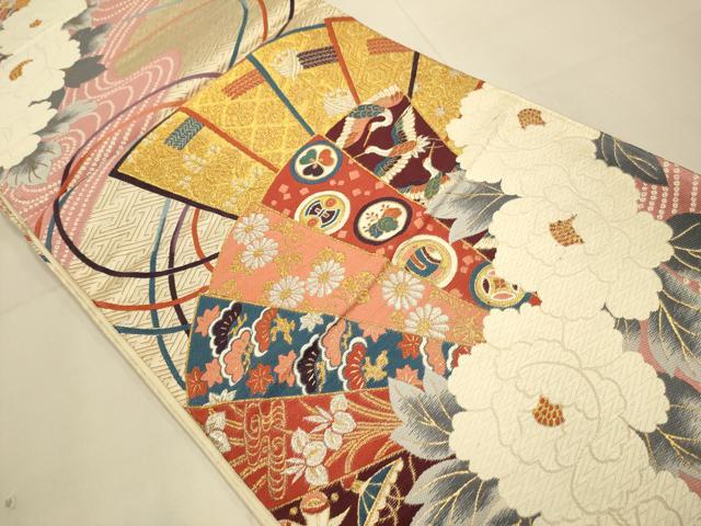平和屋本店▼西陣 六通柄袋帯 唐織 檜扇吉祥花文 本金箔 証紙付き 正絹 逸品 未使用 DABK7571du