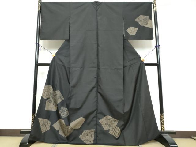 平和屋着物●本場縞大島紬 訪問着 吉祥草花文 黒地 正絹 逸品 DABK0536ud