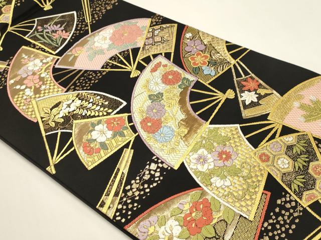 平和屋本店▼六通柄袋帯 唐織 春秋百扇文 黒地 本金箔 正絹 逸品 DABK5600sf