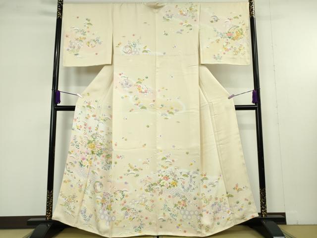 平和屋本店●極上 訪問着 駒刺繍 松竹梅 花丸文 鳥の子色地 暈し染め 反端付き 逸品 未使用 DZAB6825kh6